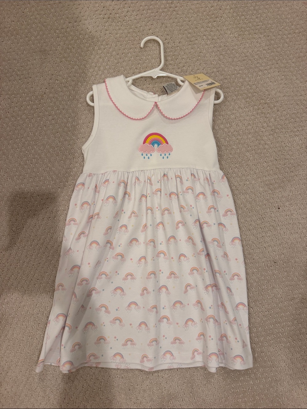Sleeveless White Rainbow Print Dress with Peter Pan Collar